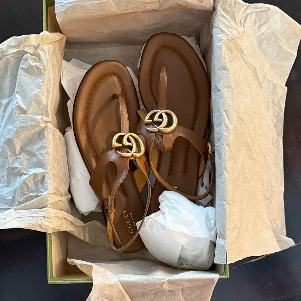 Gucci Tan Sandals with Gold Detailing